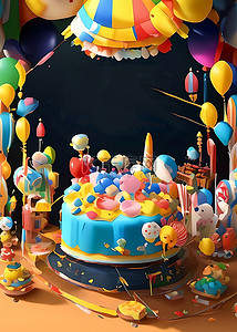 蓝色气球蛋糕背景图片_生日派对蓝色狂欢背景