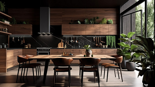 套装背景背景图片_令人惊叹的 3D 视觉效果冰岛厨房和热带木质餐桌套装