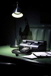 黑暗房间里的桌子上放着一个公文包，里面有一盏灯和一部银色电话