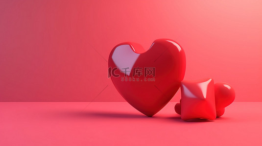粉红色背景上的 3D 渲染红心图标是爱和崇拜的象征
