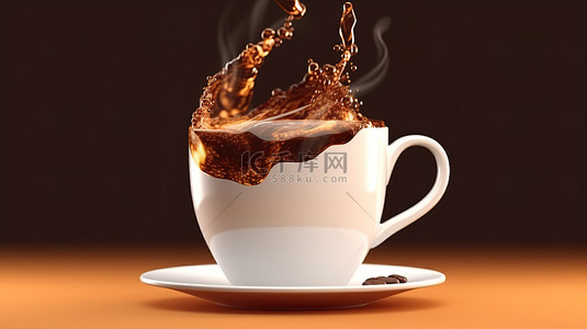 咖啡倒入杯子背景图片_在用 3D 技术创建的温暖棕色背景上，将黑咖啡倒入白色杯子中