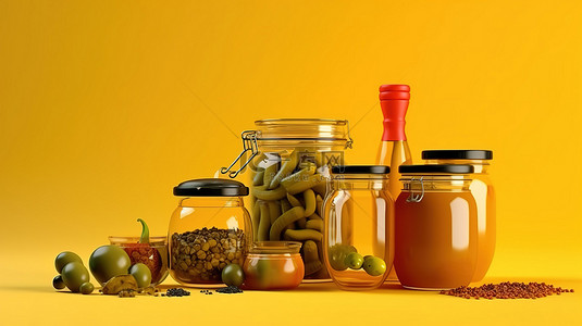 充满活力的黄色背景，带有 3D 渲染的厨具油和罐装蔬菜