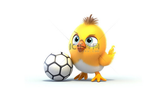 在 3D 白色背景中踢足球的小鸡