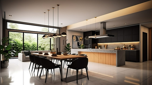 简约的厨房和餐厅空间，带有 3D 插图的奢华感