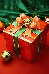 蝴蝶结绿色背景图片_一个红色礼品盒位于绿色蝴蝶结旁边