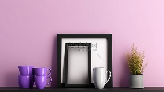 紫色架子上的空白样机黑色框架的方形背景 3D 插图