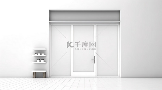 白色背景上的空店门招牌为您在 3D 中呈现的设计提供充足的空间