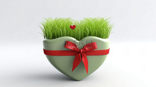爱情绿背景图片_白色背景的 3d 渲染，花盆里有红丝带绿草心