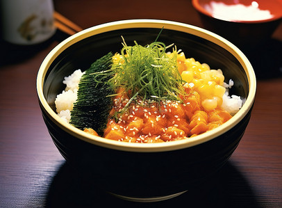 鱼籽拌饭背景图片_一碗米饭加寿司和调味品