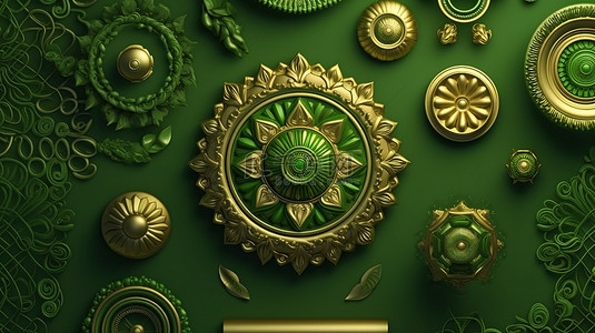 平躺顶视图最小产品展示霓虹灯绿色和金色装饰古董图案 3D 插图