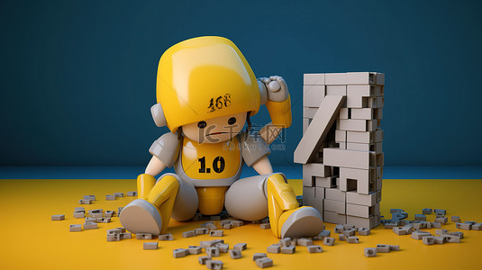 显示 404 错误消息的男性角色的 3D 渲染