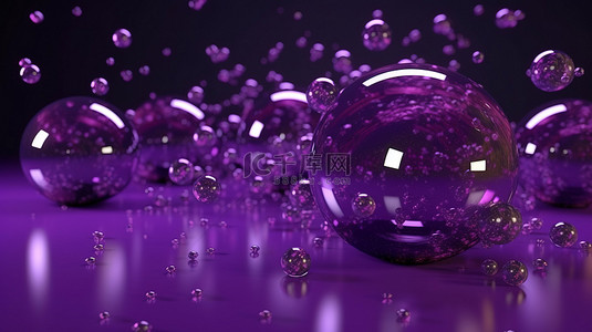 圣诞节项目紫色飞球和玻璃星在紫色背景上的 3d 渲染