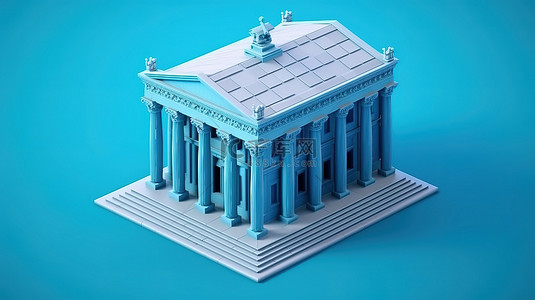 蓝天背景下具有柱状立面的蓝色银行大楼的等距视图 3D 渲染