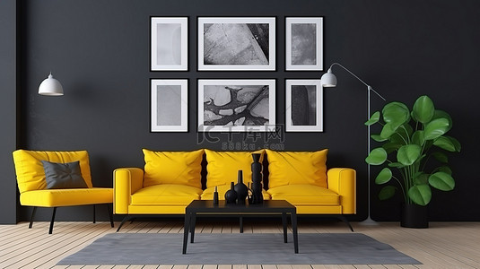客厅内部的 3D 渲染，配有黄色和黑色座椅以及墙上的镶框艺术品