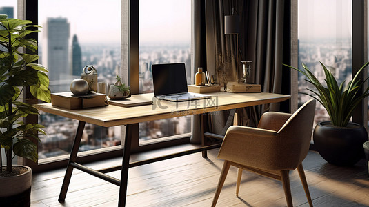 当代城市家庭办公室木桌，配有 3D 渲染的数字平板电脑模型