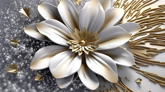 冬季仙境 3D 抽象花卉艺术与金色和雪纹理