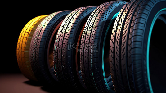 3D 渲染插图中汽车轮胎的集合