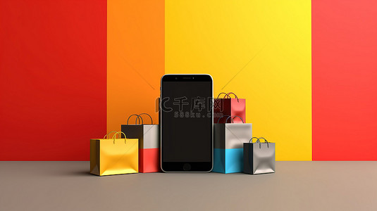 黑色星期五横幅的 3D 插图，包括智能手机和购物袋，具有充足的复制空间