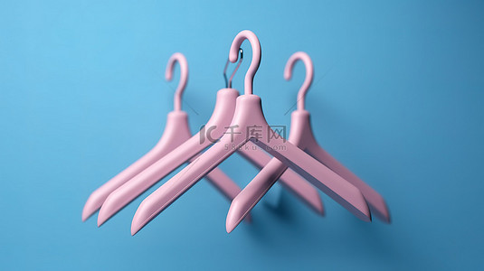 优质店铺背景图片_蓝色背景下带有防滑杆的优质双色调粉色衣架的 3D 渲染