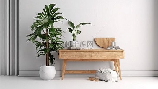 油画样机背景图片_室内植物和白色墙壁衬托出 3D 渲染的木制边桌