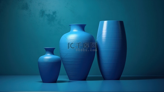 植物多肉背景背景图片_带有蓝色花瓶和 3d 渲染花盆的抽象背景