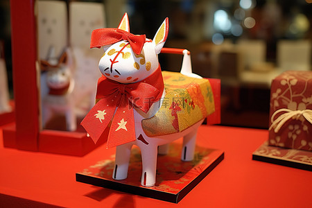 手工制作的纸质动物，装饰有红色织物蝴蝶结和礼物