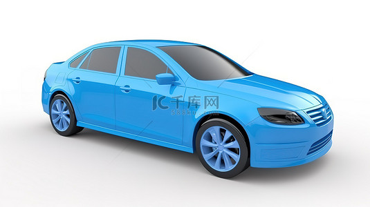 白色背景下蓝色中型城市家庭轿车的 3D 渲染