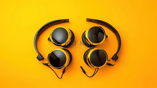 带耳机和 3D 眼镜的黄色背景顶视图