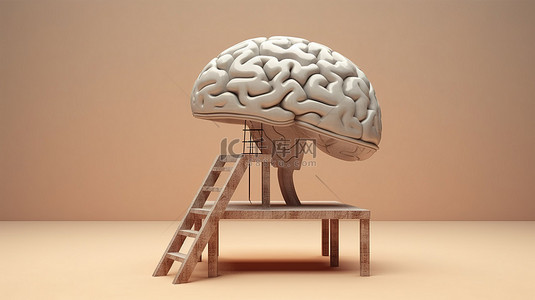 平台大背景图片_带梯子的高架平台上大脑的概念 3D 渲染