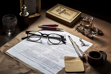 桌子上放着律师服务，上面有信封眼镜和文件