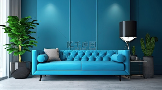家庭背景背景图片_现代客厅配有蓝色沙发和时尚的边桌 3D 渲染
