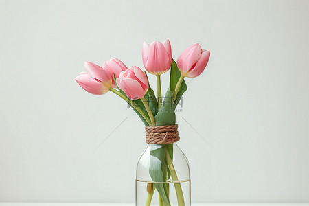 玻璃瓶植物背景图片_一个展示粉红色郁金香的小玻璃瓶