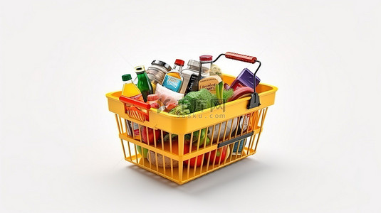 杂货百货背景图片_3D 渲染一个孤立的白色塑料购物篮，里面装满了各种杂货