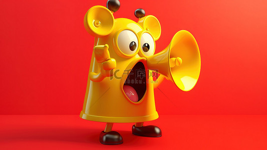 黄色背景的 3D 渲染，吉祥物角色闹钟拿着红色复古扩音器