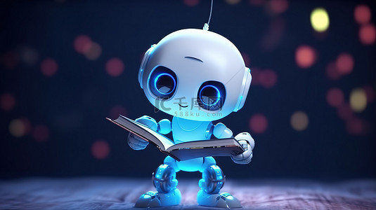 可爱卡通看书小孩背景图片_3D 渲染一个可爱的人工智能机器人正在阅读一本描述机器学习概念的书