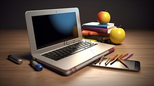 课程班背景图片_虚拟学习教育者在 3D 渲染笔记本电脑上进行在线课程