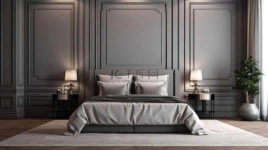 现代家具陈列柜 3D 室内场景，带灰色色调的卧室和更衣室装饰性凹槽床头板墙