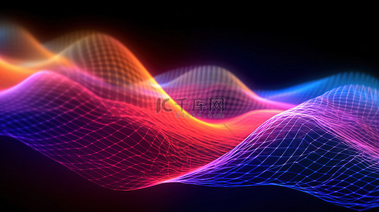 七彩色彩背景图片_带有霓虹灯网格波的网格光效果的 3D 插图