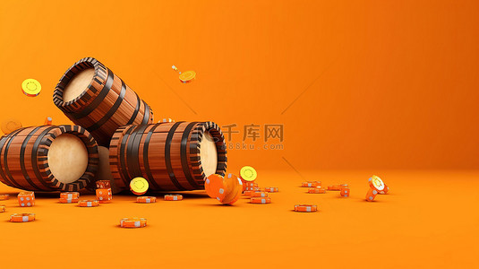 橙色背景下在线赌场飞币木桶和赌场筹码的 3D 渲染