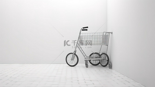 白色制服背景图片_白色背景购物车中单色山地自行车的 3D 渲染