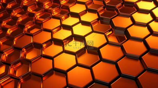 橙色抽象背景壁纸上网络矩阵中六角形细胞和三角形图案的 3D 渲染