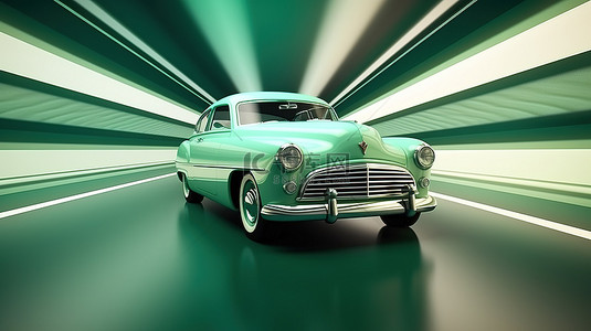 开始结束背景图片_精致而华丽的 3D 插图，展示了一辆老式汽车，周围环绕着运动主题背景上充满活力的绿色线条