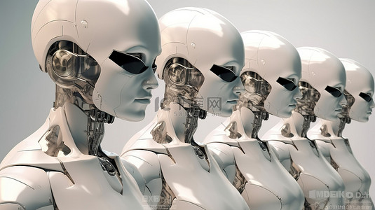 一群人背景图片_3D 渲染中带护目镜的一排女性机器人