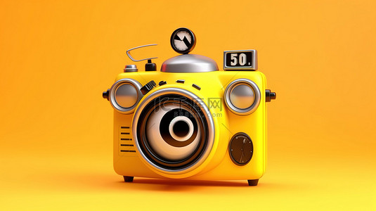 黄色卡通闹钟背景图片_黄色背景，带有闹钟人物吉祥物持有的现代数码相机的 3D 渲染