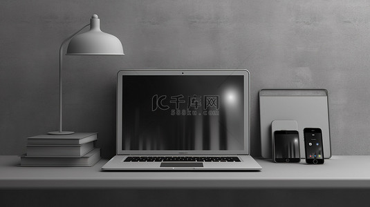 办公桌椅简笔画背景图片_时尚灰色架子上的数字技术三重奏笔记本电脑手机和平板电脑水平背景 3D 渲染