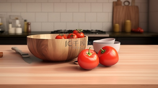 西红柿面背景图片_带 3D 木制台面西红柿和碗的厨房场景