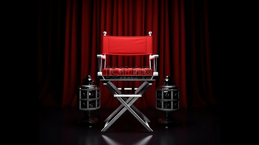 红色窗帘下电影主题导演椅的 3D 渲染