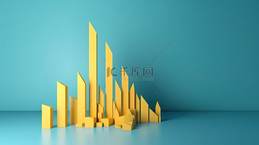简约奢华，3D 渲染中蓝色背景上上升的黄色图表
