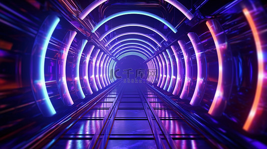 gif动态免费背景图片_有趣的 3D 插图穿过带有霓虹灯照明的科幻隧道