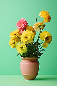 玫瑰绿色背景图片_绿色背景中的粉色花盆里盛着鲜花